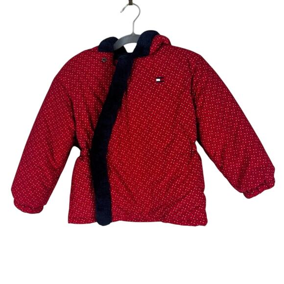Tommy Hilfiger Puffer Coat Girls 3T Red Floral Nylon Bow Sherpa Trim Winter - Picture 1 of 5